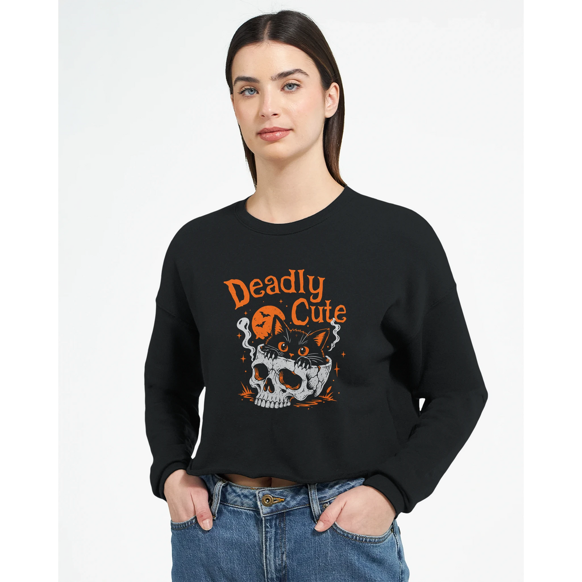 Sweat crop top femme humour chat « Deadly Cute Cat » – Gaga de mon chat (vue 10)