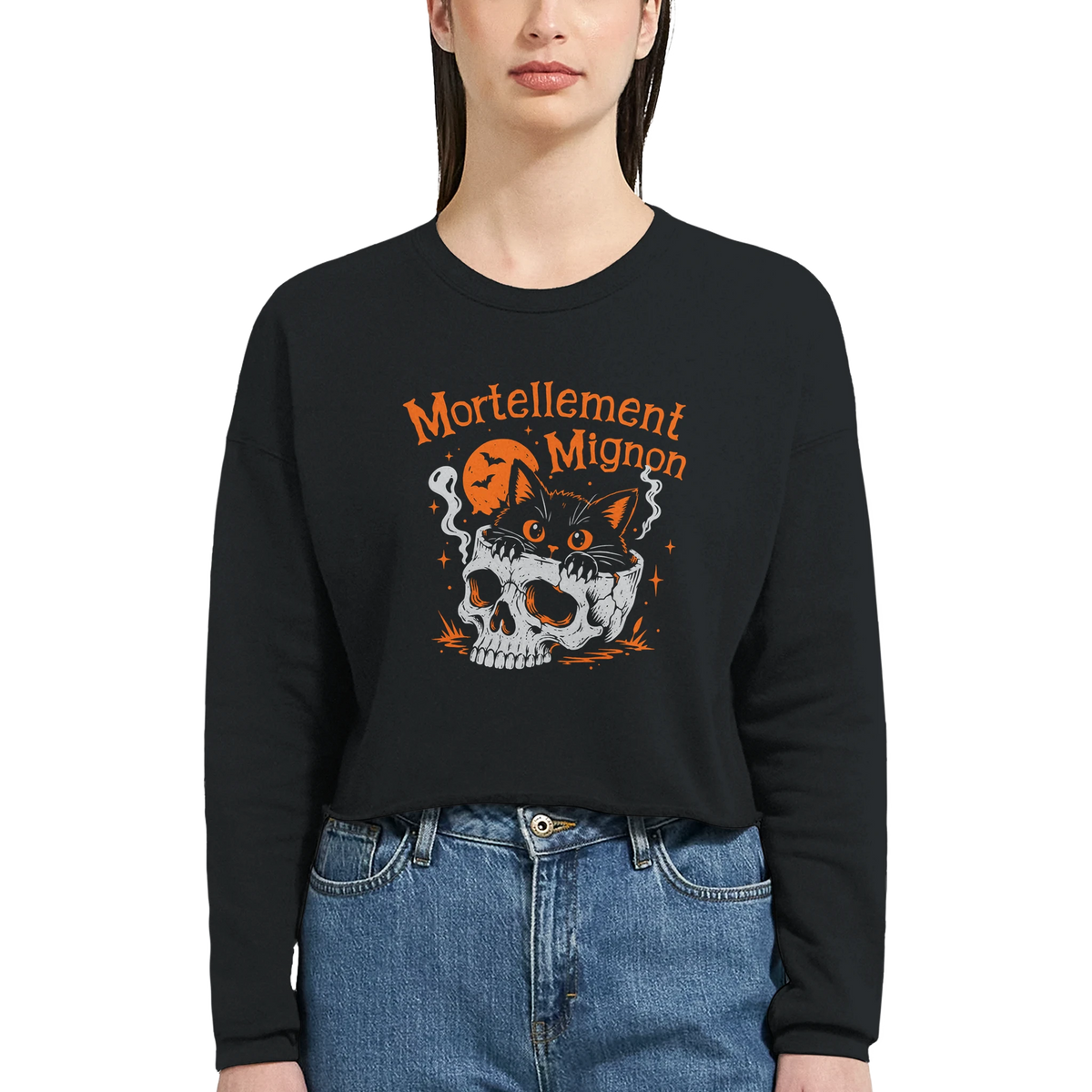 Sweat crop top femme humour chat « Mortellement mignon » – Gaga de mon chat (vue 6)